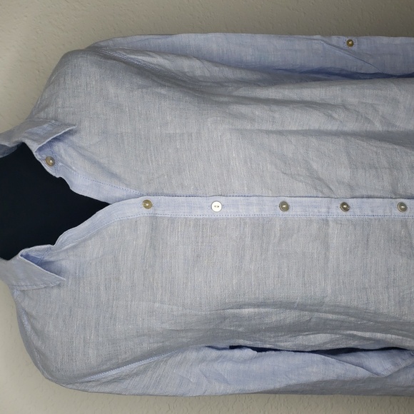 Tahari Womens Essentials 100% Linen Button Up Tunic Top Size M Blue Coastal - Picture 2 of 16